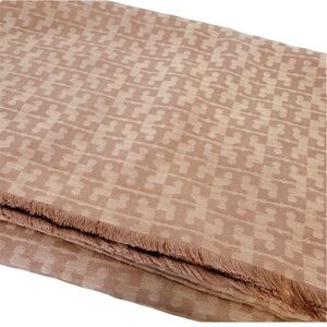 Tory Burch Silk Blend Mosaic Logo Scarf Light Oak Beige Tan Jacquard France